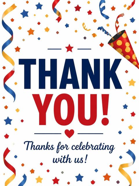 Thank-you flat in the Primary Color Confetti Birthday Invitation design