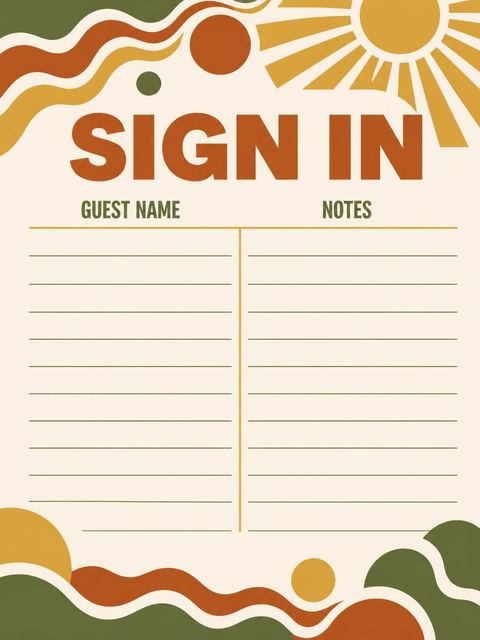 Guest sign-in sheet in the Earth Tone Sun 60th Birthday design