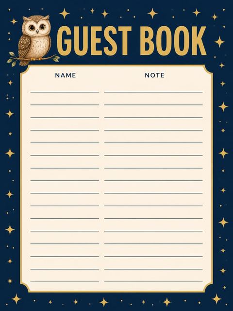 Guest sign-in sheet in the Navy Starry Owl 3rd Birthday design
