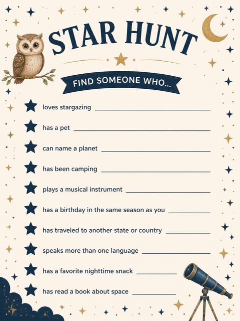 Scavenger hunt in the Navy Starry Owl 3rd Birthday design