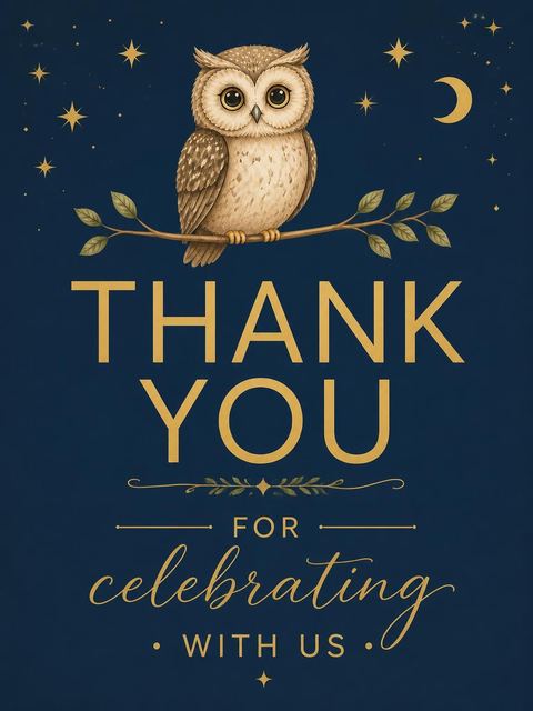 Thank-you flat in the Navy Starry Owl 3rd Birthday design