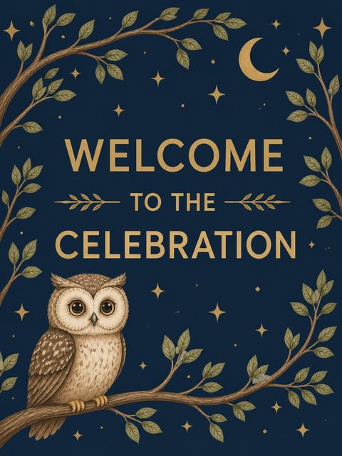 Welcome sign in the Navy Starry Owl 3rd Birthday design