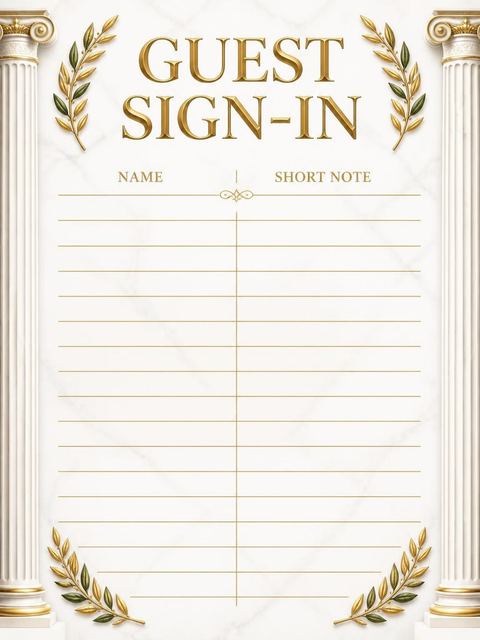 Guest sign-in sheet in the Roman Coliseum Laurel Wreath 12th Birthday design