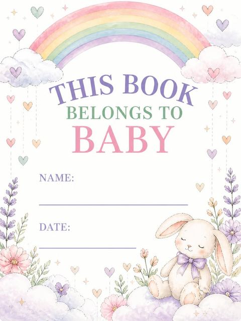Books for baby bookplate in the Watercolor Bunny Rainbow Baby Shower design