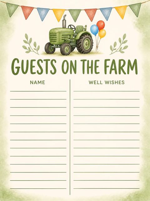 Guest sign-in sheet in the Watercolor Tractor Farm 1st Birthday design