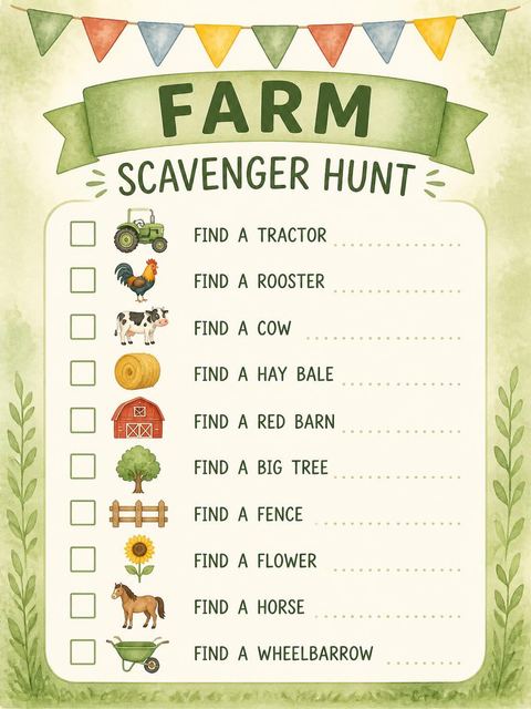 Scavenger hunt in the Watercolor Tractor Farm 1st Birthday design