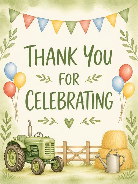 Thank-you flat in the Watercolor Tractor Farm 1st Birthday design