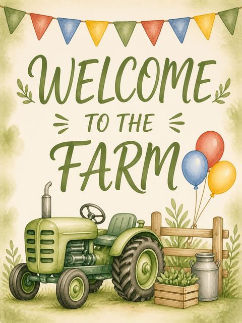 Welcome sign in the Watercolor Tractor Farm 1st Birthday design
