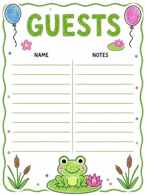 Guest sign-in sheet in the Crayon Frog Balloon 2nd Birthday design