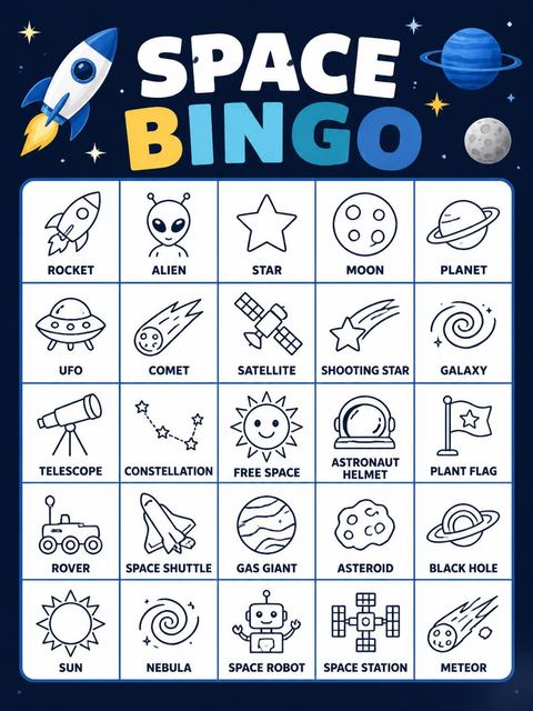Bingo grid in the Blast Off Cosmic Space Birthday design