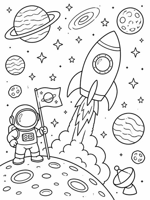 Coloring sheet in the Blast Off Cosmic Space Birthday design