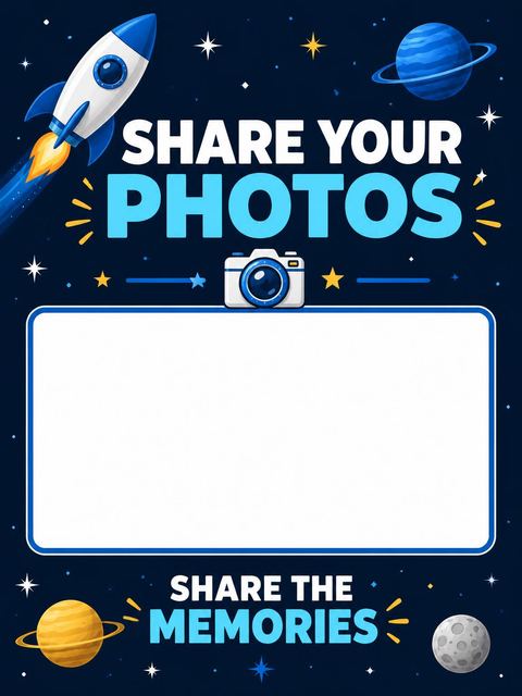 Hashtag card in the Blast Off Cosmic Space Birthday design