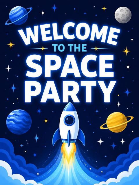Welcome sign in the Blast Off Cosmic Space Birthday design