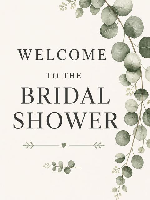 Welcome sign in the Cream Watercolor Eucalyptus Bridal Shower design
