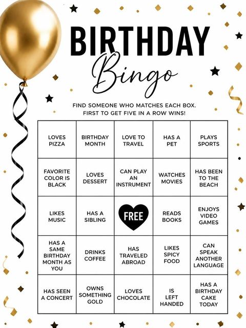 Bingo grid in the Metallic Gold Balloon 12th Birthday Invitation design
