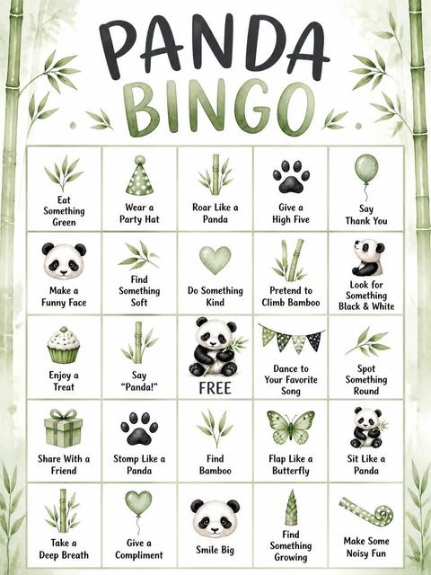 Bingo grid in the Watercolor Panda Bamboo Forest 6th Birthday design