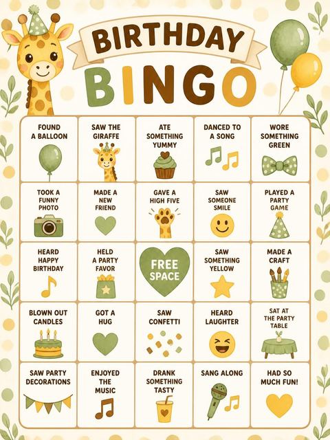 Bingo grid in the Watercolor Safari Giraffe 3rd Birthday design