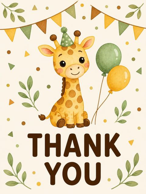 Thank-you flat in the Watercolor Safari Giraffe 3rd Birthday design
