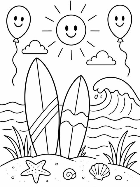 Coloring sheet in the Crayon Surfboard Beach Themed 6th Birthday design