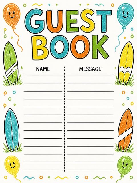 Guest sign-in sheet in the Crayon Surfboard Beach Themed 6th Birthday design