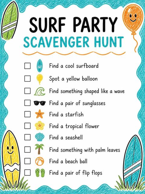 Scavenger hunt in the Crayon Surfboard Beach Themed 6th Birthday design