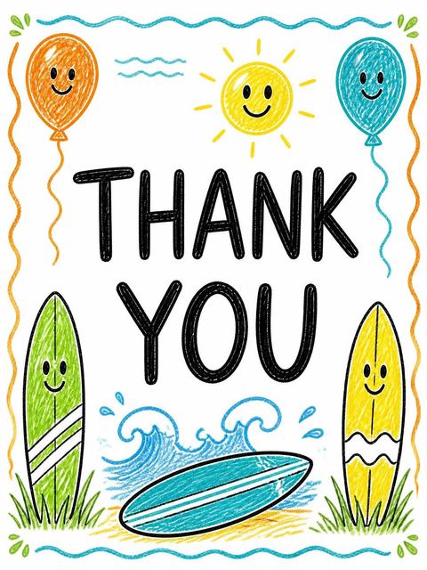 Thank-you flat in the Crayon Surfboard Beach Themed 6th Birthday design