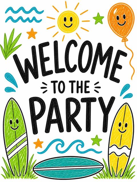 Welcome sign in the Crayon Surfboard Beach Themed 6th Birthday design