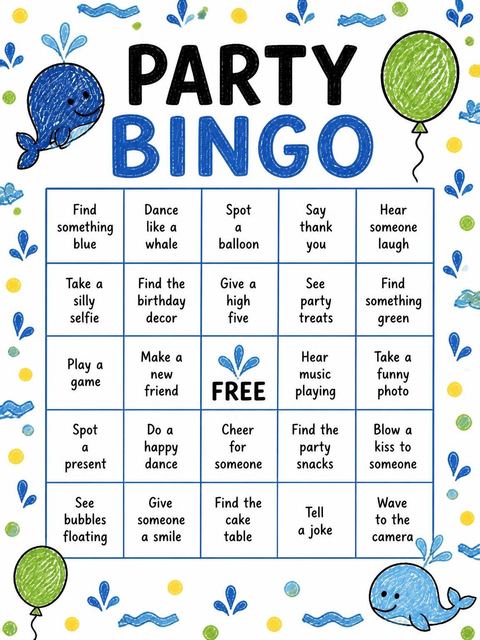 Bingo grid in the Crayon Blue Whale 6th Birthday Invitation design
