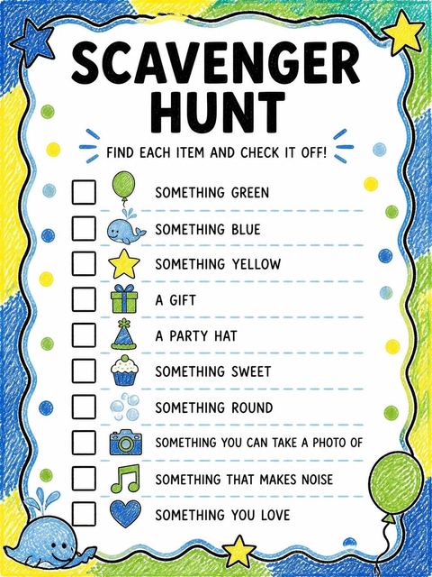 Scavenger hunt in the Crayon Blue Whale 6th Birthday Invitation design