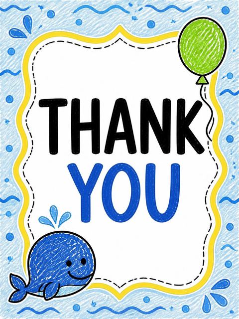 Thank-you flat in the Crayon Blue Whale 6th Birthday Invitation design