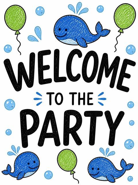Welcome sign in the Crayon Blue Whale 6th Birthday Invitation design