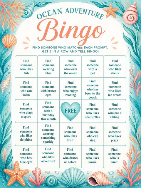 Bingo grid in the Watercolor Coral Mermaid 5th Birthday Party design