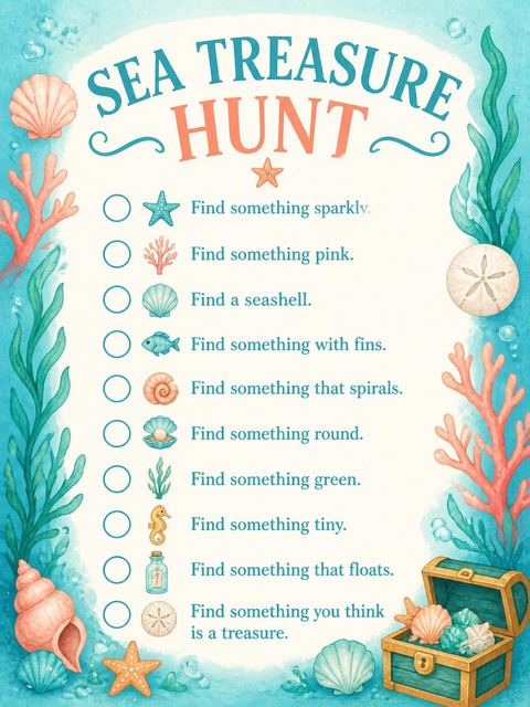 Scavenger hunt in the Watercolor Coral Mermaid 5th Birthday Party design