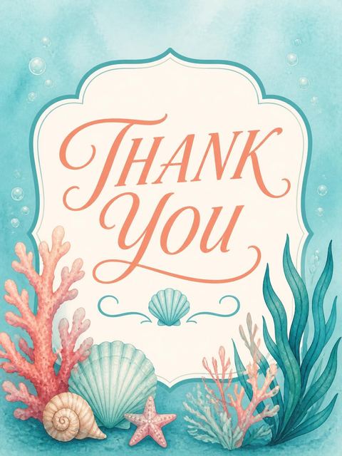 Thank-you flat in the Watercolor Coral Mermaid 5th Birthday Party design