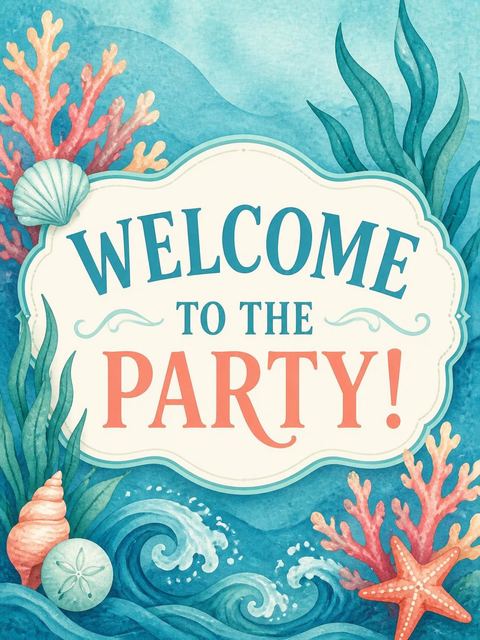 Welcome sign in the Watercolor Coral Mermaid 5th Birthday Party design