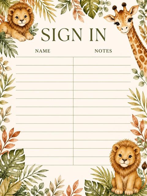 Guest sign-in sheet in the Watercolor Jungle Animal Birthday Invitation design