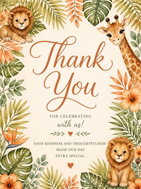 Thank-you flat in the Watercolor Jungle Animal Birthday Invitation design