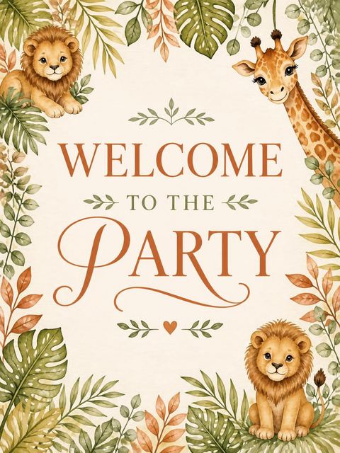 Welcome sign in the Watercolor Jungle Animal Birthday Invitation design