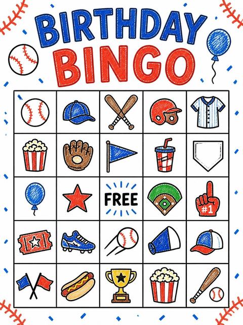 Bingo grid in the Crayon Baseball 5th Birthday Invitation design