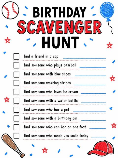 Scavenger hunt in the Crayon Baseball 5th Birthday Invitation design
