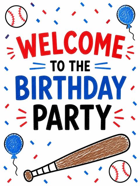Welcome sign in the Crayon Baseball 5th Birthday Invitation design