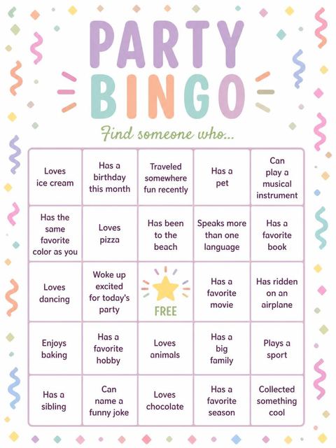 Bingo grid in the Pastel Confetti Border 3rd Birthday Invitation design