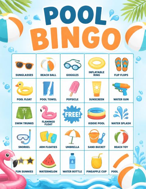 Bingo grid in the Tropical Flamingo Beach Ball 7th Birthday design