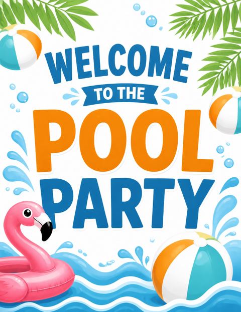 Welcome sign in the Tropical Flamingo Beach Ball 7th Birthday design