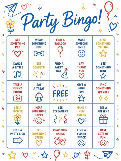 Bingo grid in the Primary Doodle Border 4th Birthday Invitation design