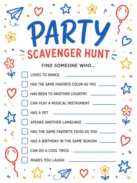 Scavenger hunt in the Primary Doodle Border 4th Birthday Invitation design
