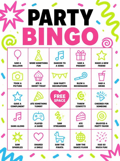 Bingo grid in the Neon Squiggle Confetti Birthday Invitation design