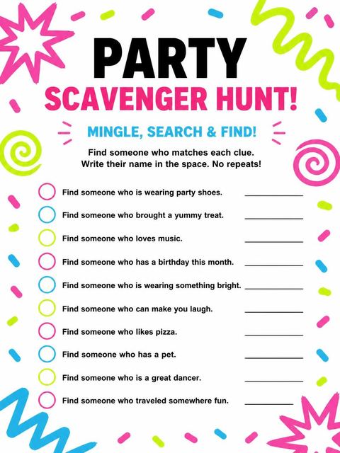 Scavenger hunt in the Neon Squiggle Confetti Birthday Invitation design
