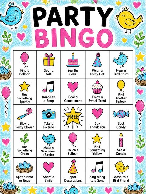 Bingo grid in the Crayon Bluebird Balloon 8th Birthday Invitation design