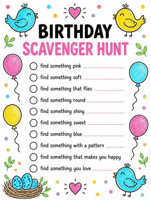Scavenger hunt in the Crayon Bluebird Balloon 8th Birthday Invitation design